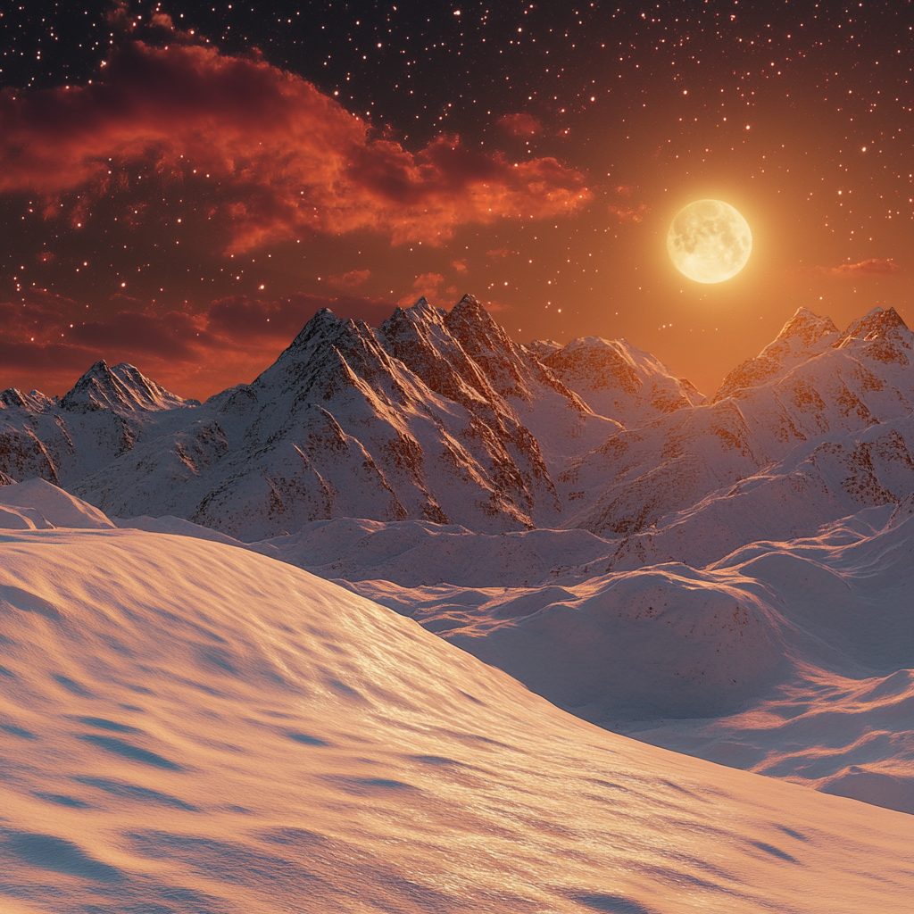 Snowy hill, mountain range under moonlit sky