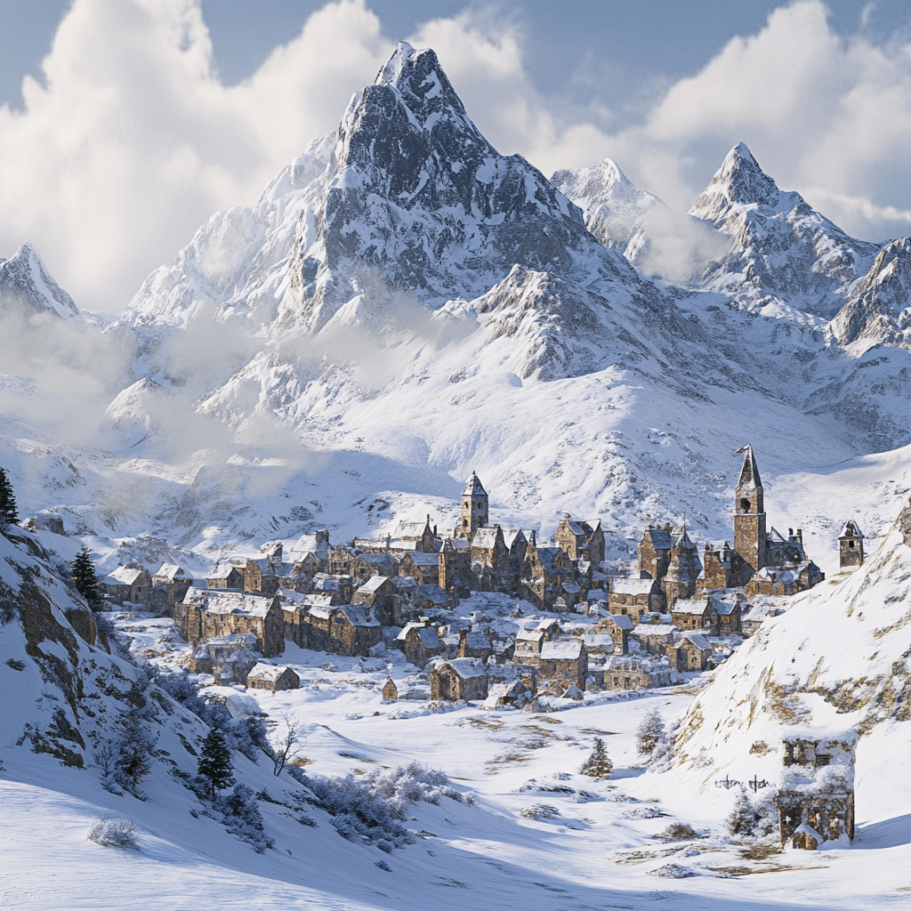 Snowy mountains with medieval castles concept in photorealistic style.