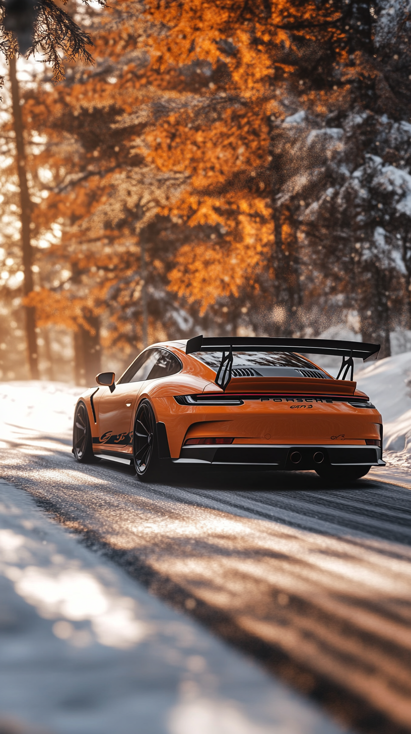 Snowy road drive in tuned Porsche. Bright, hyper-realistic composition.