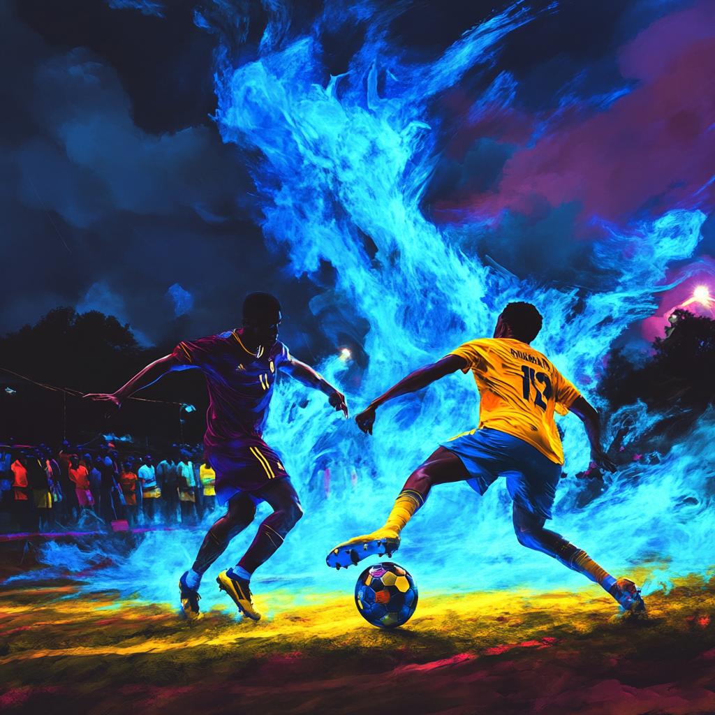 Soccer players fight in African-themed dreamscape with observers