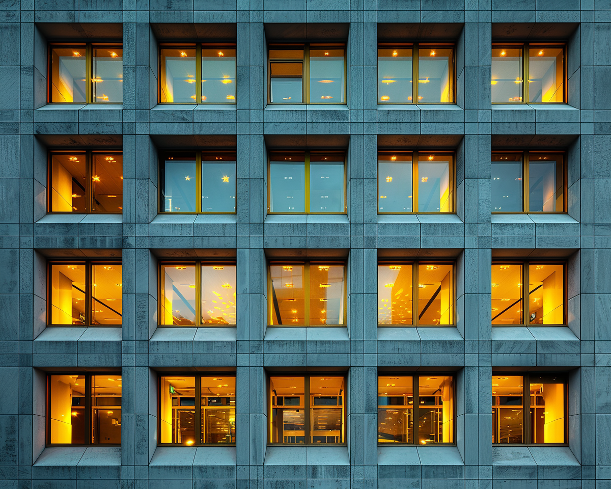 Socialist modernist building with gold windows in European city.