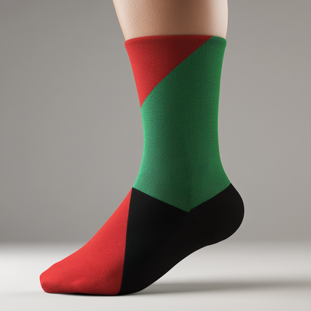 Socks with flag design: red, green, black, triangle.