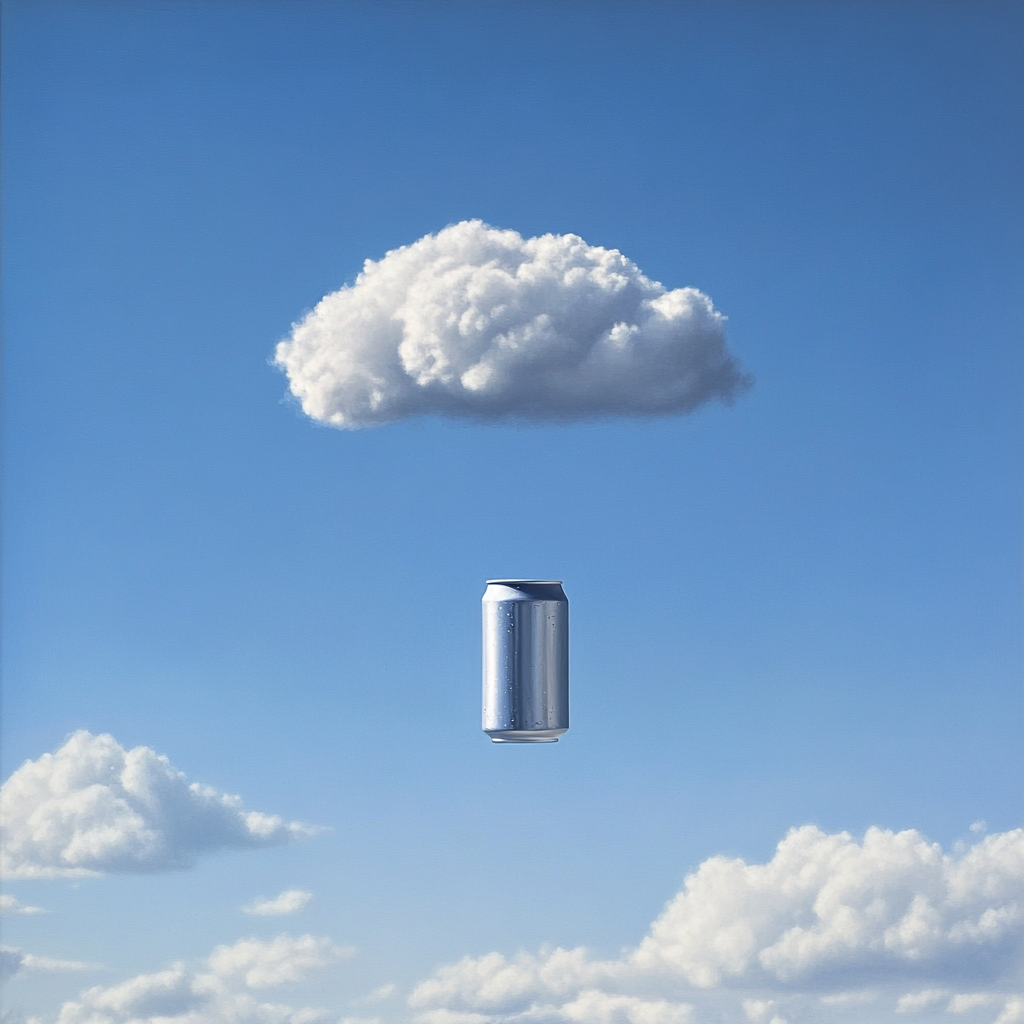 Soda can shaped cloud in clear blue sky.