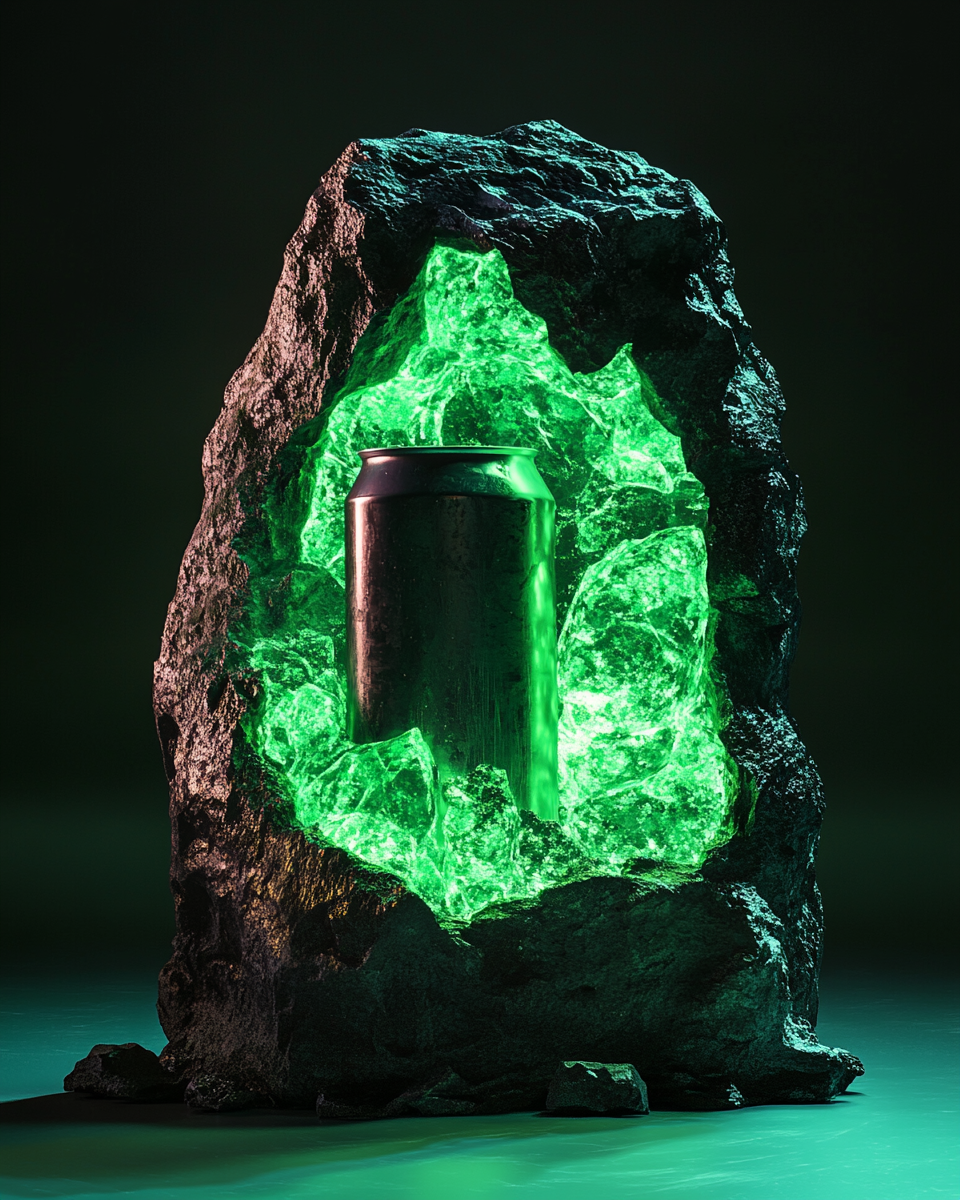 Soda can stuck in glowing green rock