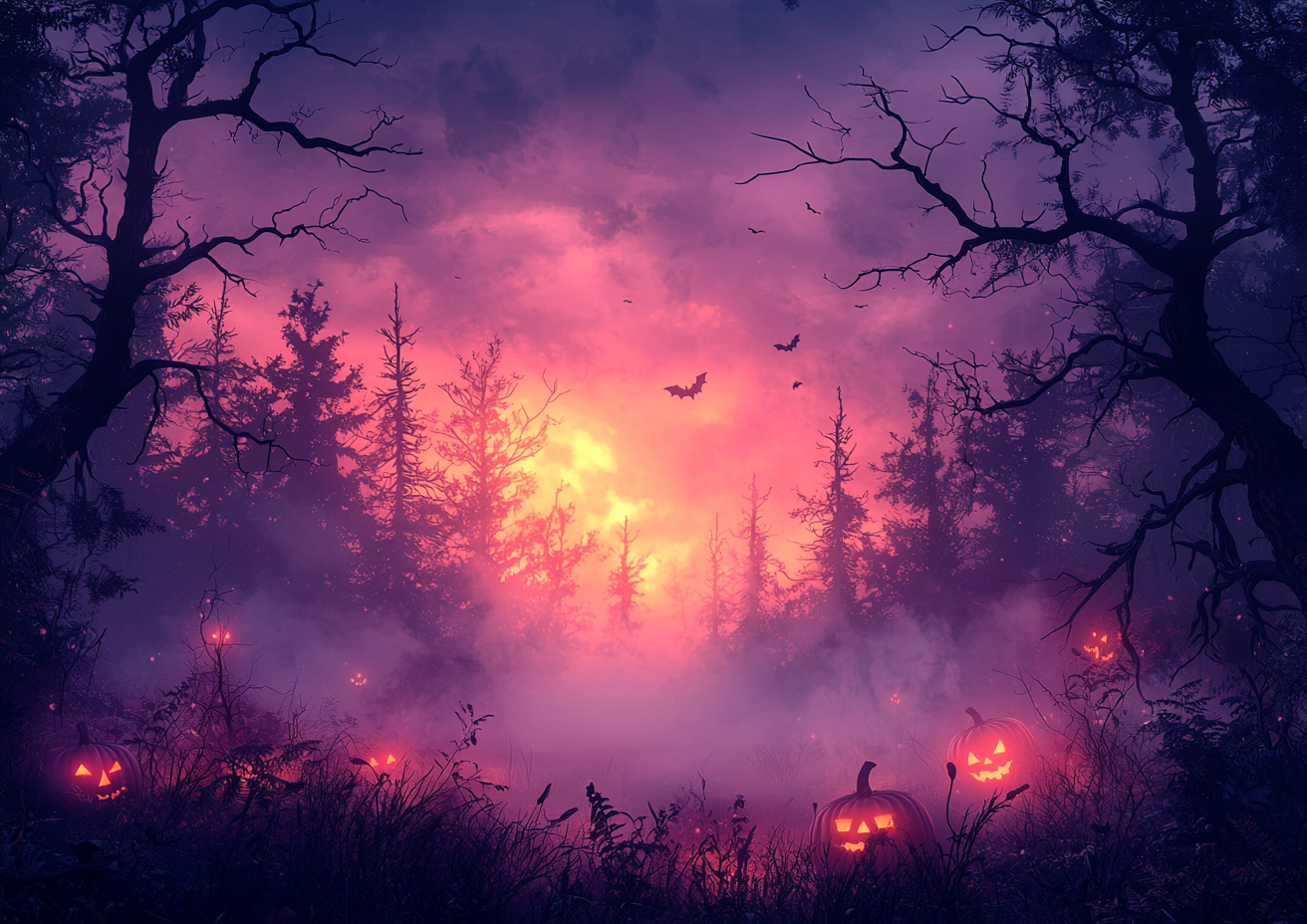 Soft, eerie Halloween scene with gentle colors and shadows.