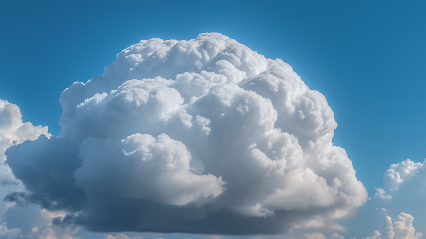 Soft, fluffy cloud in clear blue sky, photorealistic image.