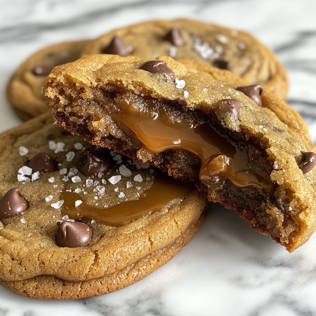 Soft, golden-brown cookies with gooey caramel and chocolate chips.