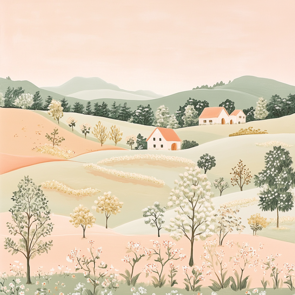 Soft, naive-style painting with peach countryside landscape. Tranquil, minimalist.