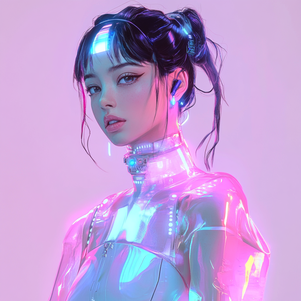 Soft, pastel cyberpunk anime girl in futuristic metaverse.