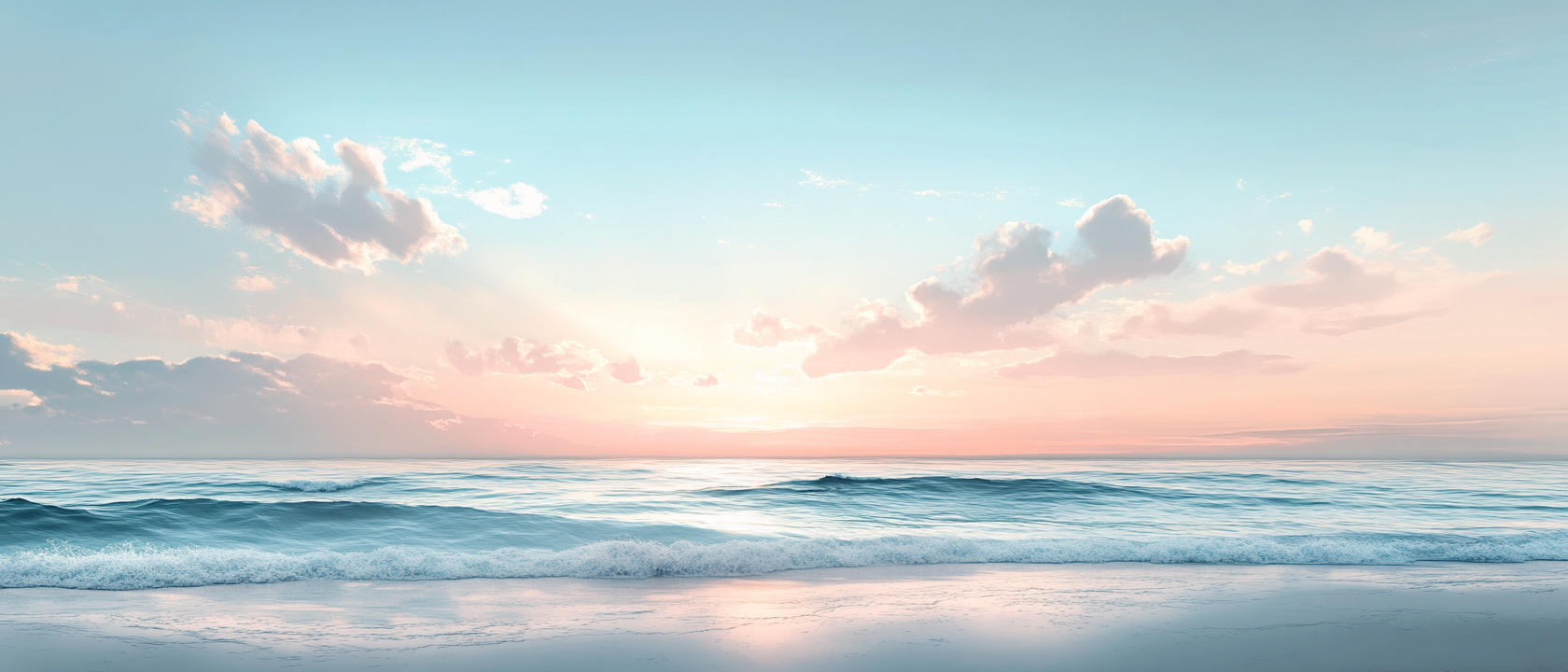 Soft, pastel seascape with calm waves under peaceful sky.