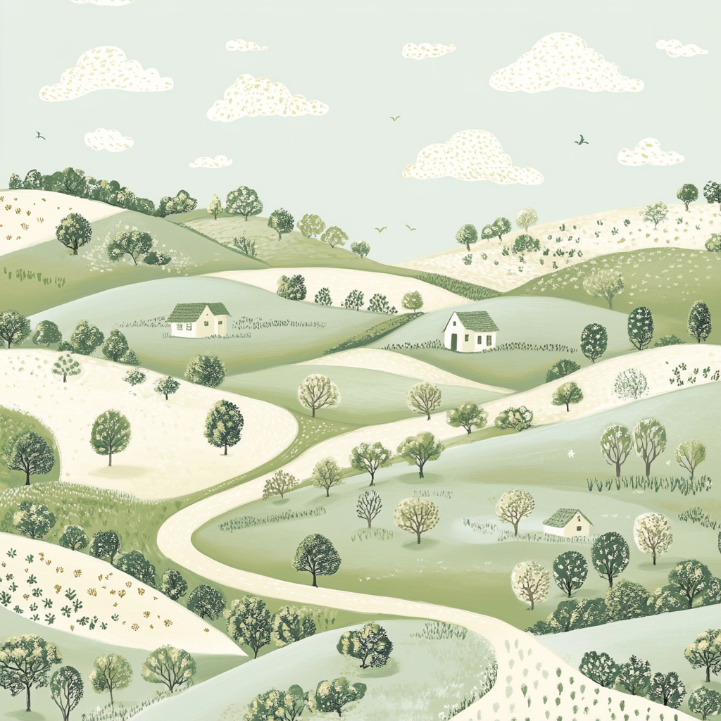 Soft, rolling countryside landscape with quaint houses in pastels.