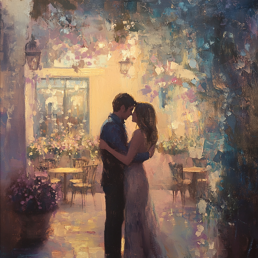 Soft, romantic scene captures tenderness, gradual connection in serene environment.