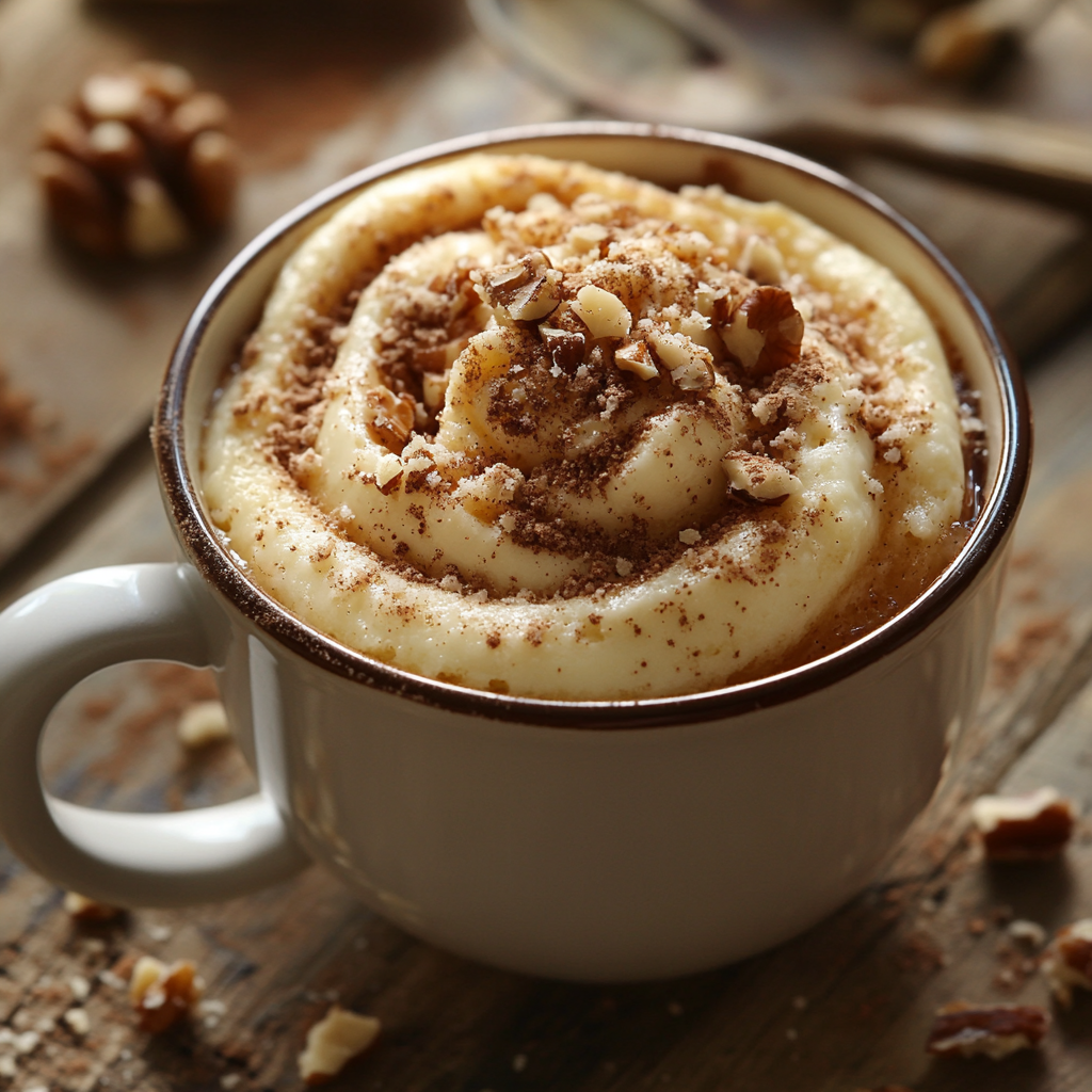 Soft, sweet mug cake with cinnamon swirl and nuts.