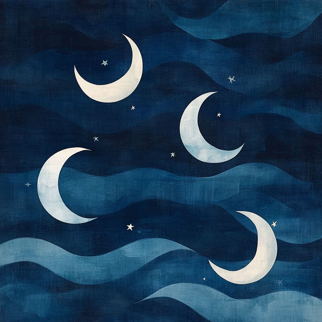 Soft, watercolor moons and stars in misty night sky.