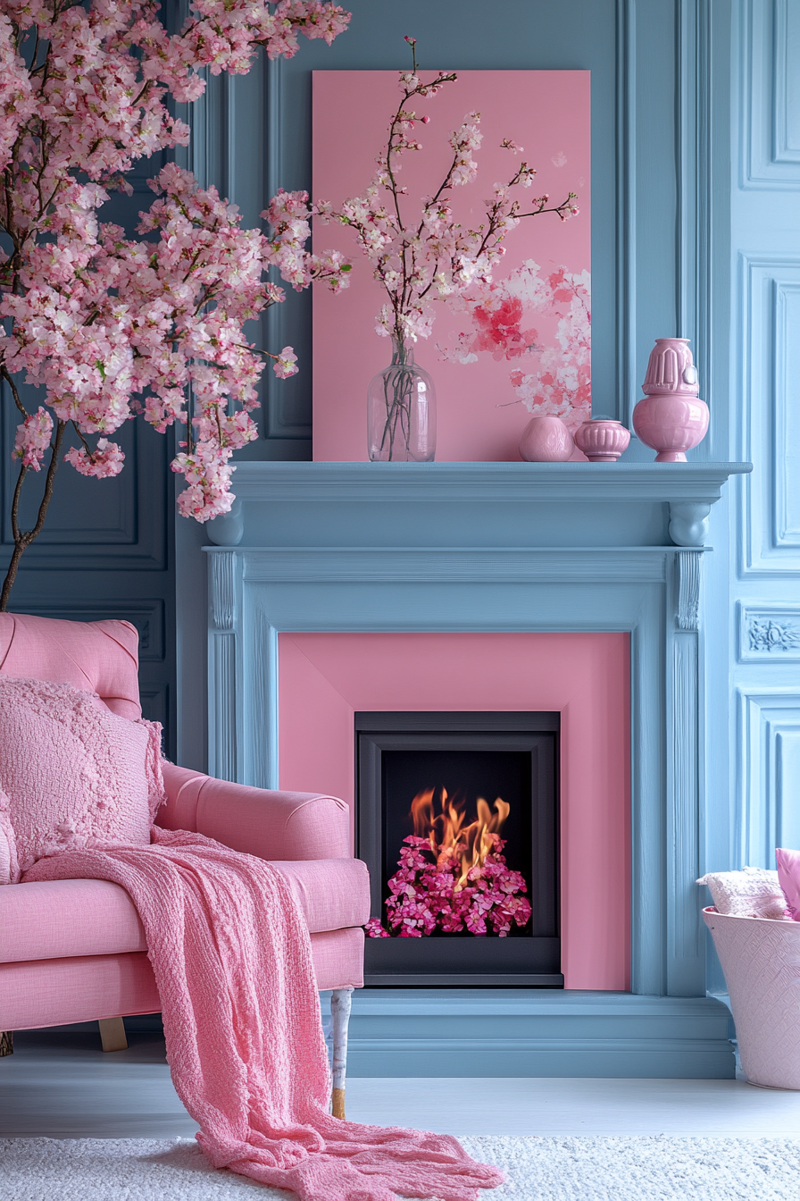 Soft Pastel Corner Fireplace: Light, Airy Tranquility