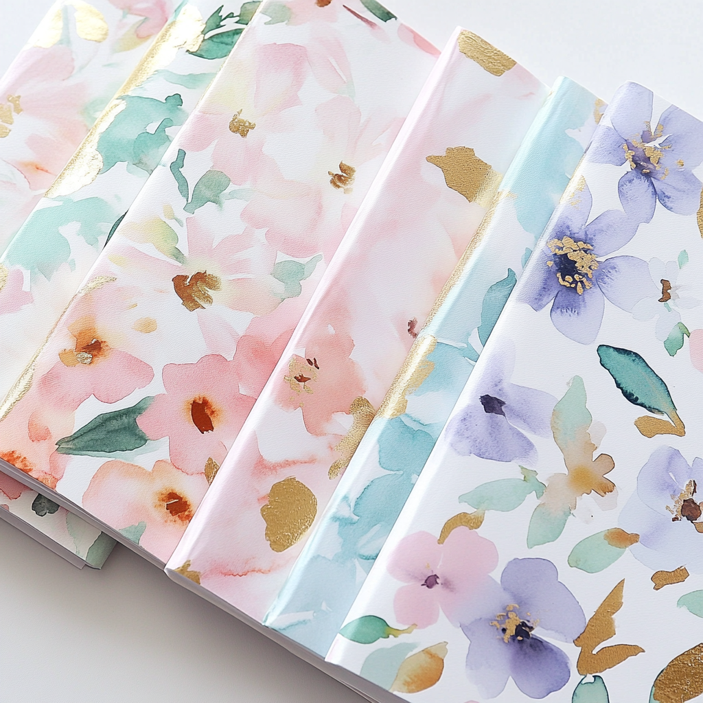 Soft Watercolor Floral Notebook Covers with Gold Foil Accents 