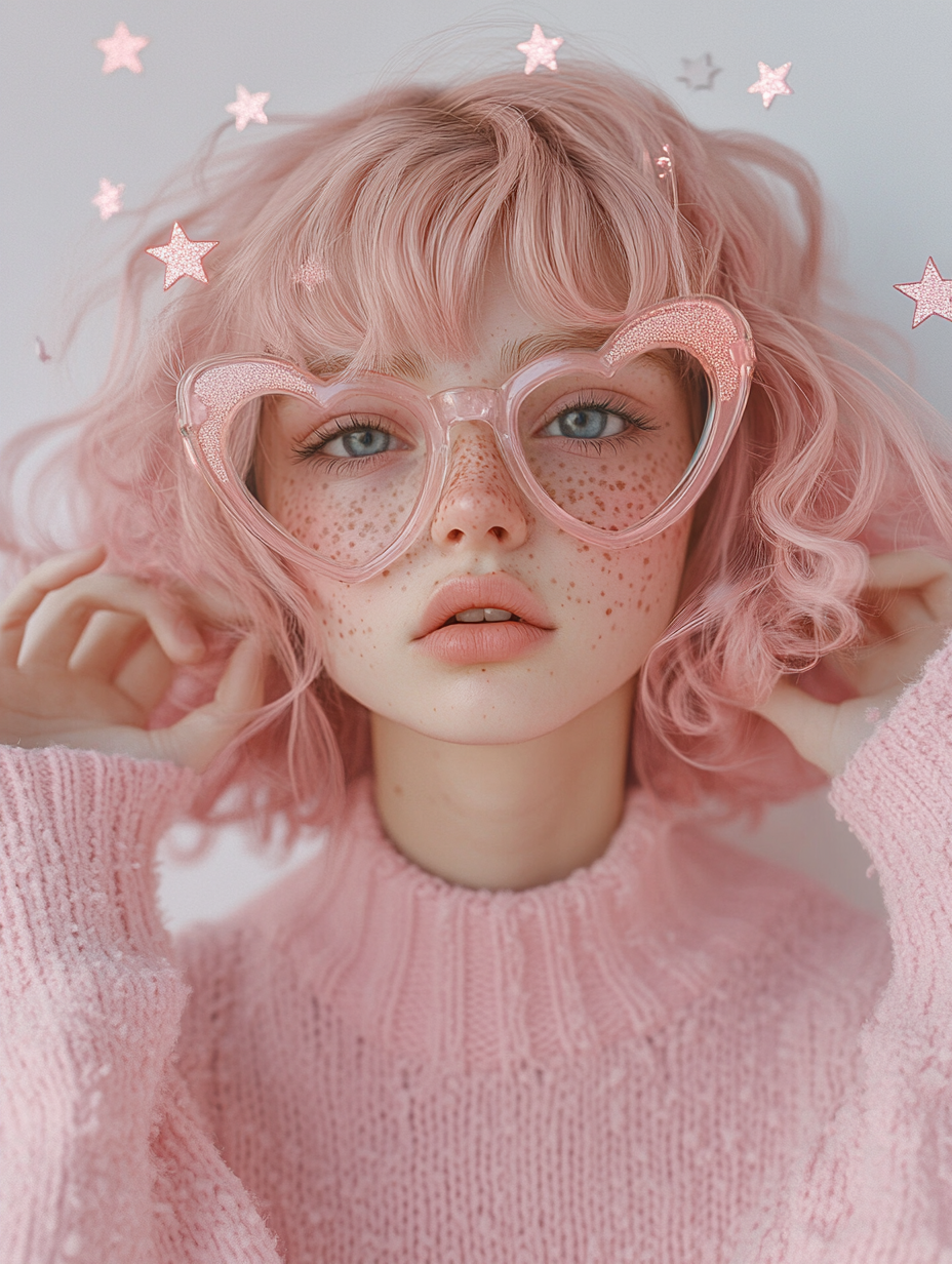 Soft-featured girl with short, curly pink hair and freckles.