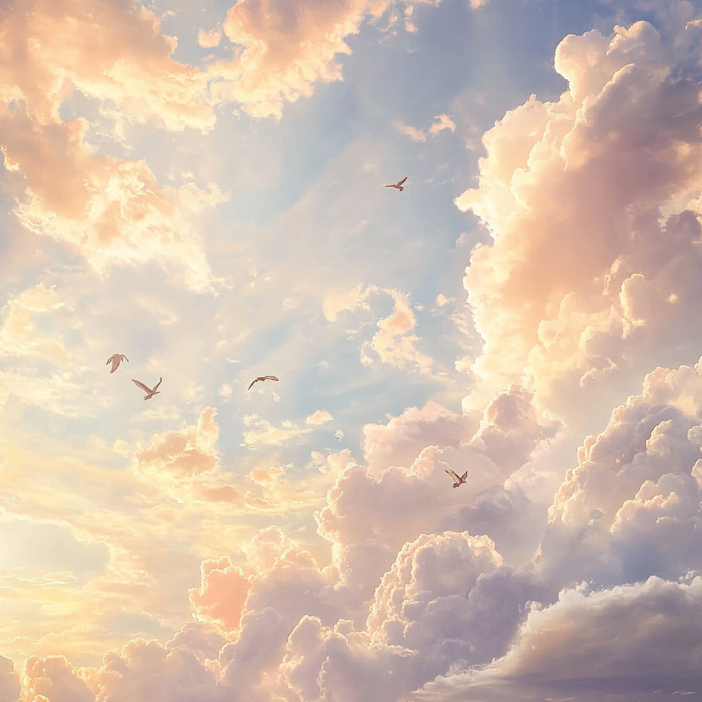 Soft pastel clouds and golden sunlight fill the sky.