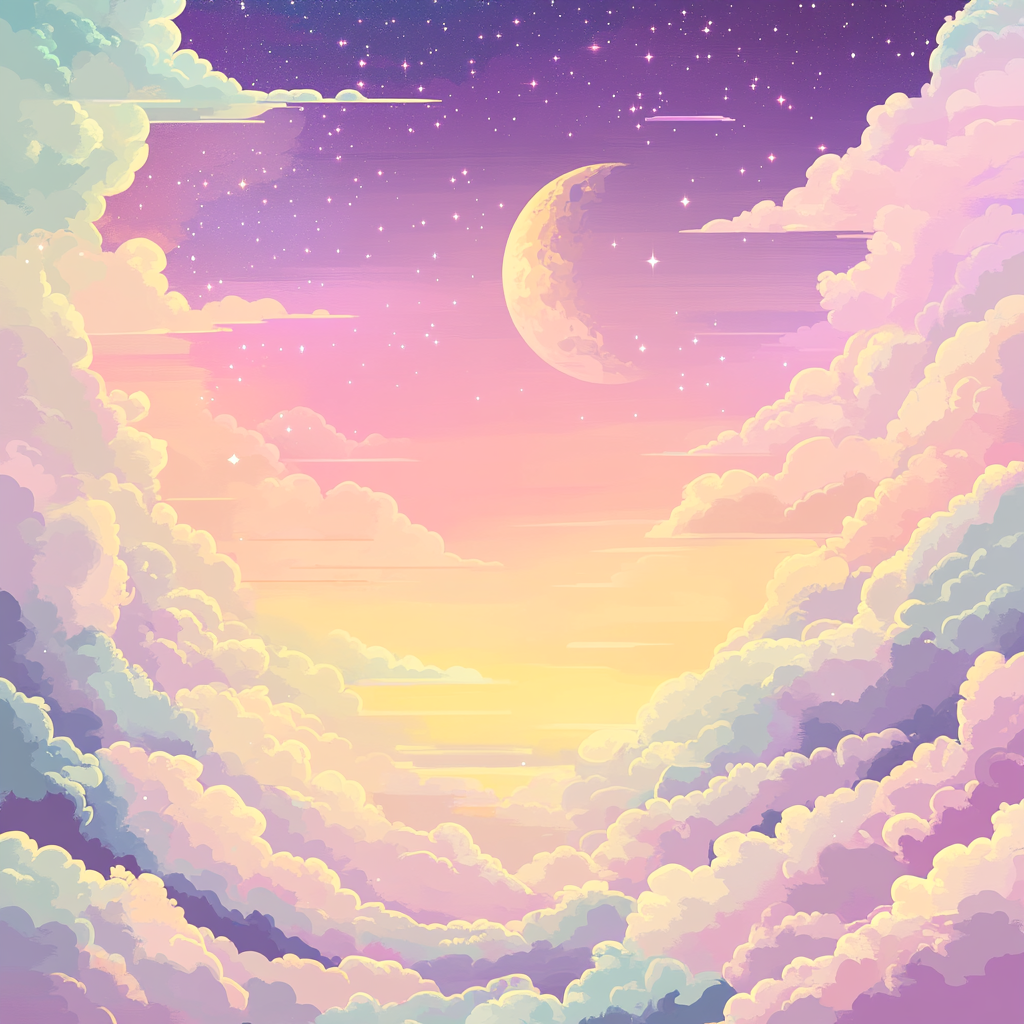 Soft pastel design with pink, purple, yellow gradient, clouds, moon.