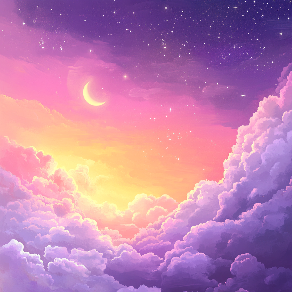 Soft pastel spiritual design with clouds, stars, moon. Place text.