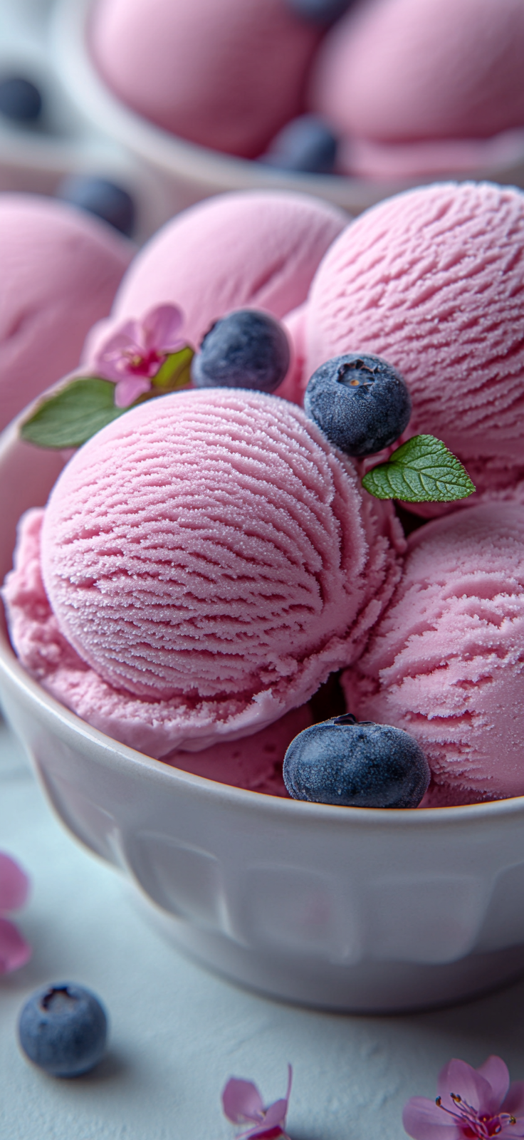 Soft pink-blue ice cream scoops, intricate and refreshing. Canon camera.