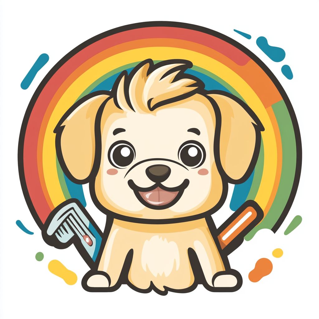 Soft puppy with colorful rainbow in playful grooming design.