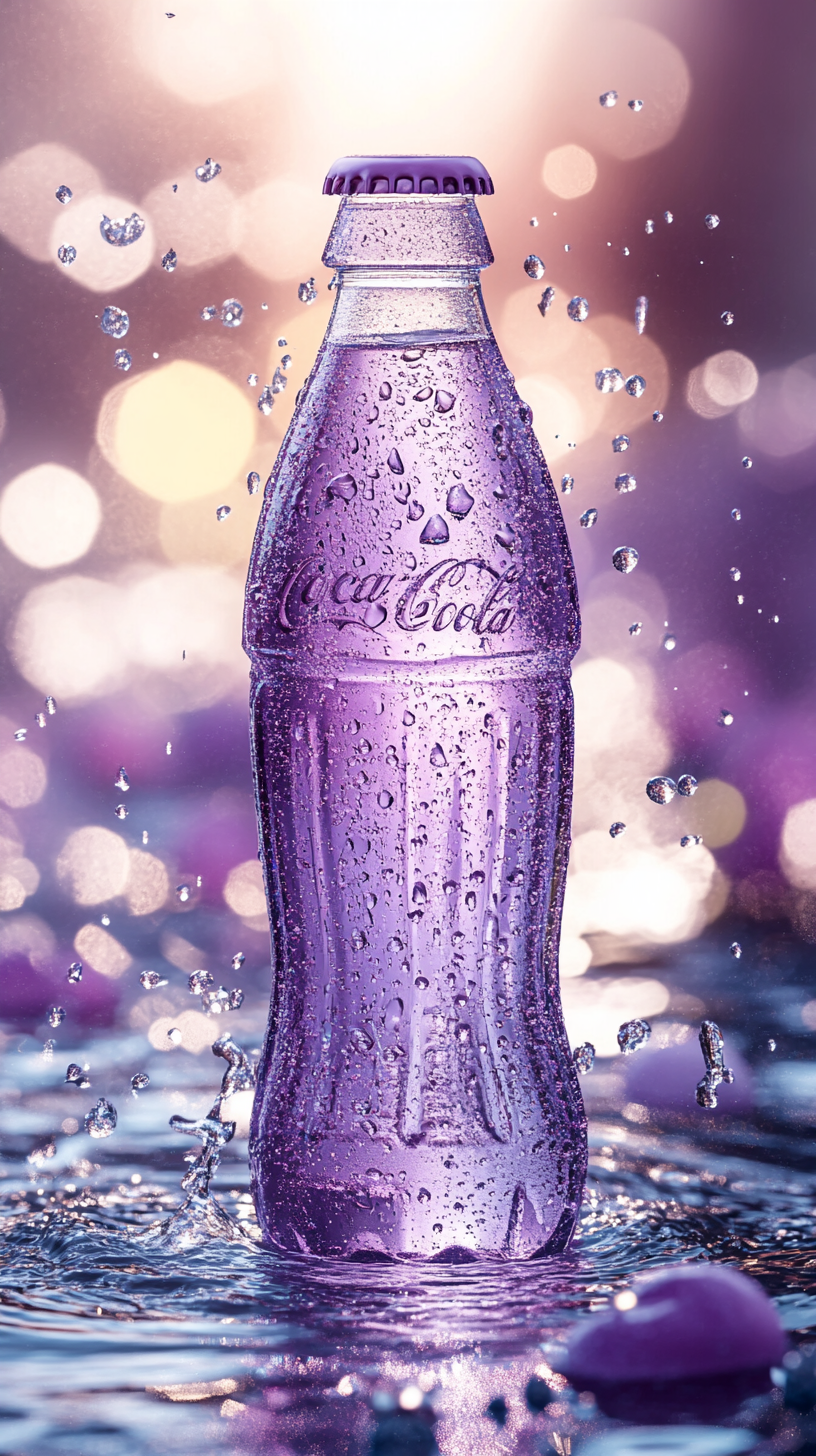 Soft purple Coca-Cola bottle on sparkling water droplets.