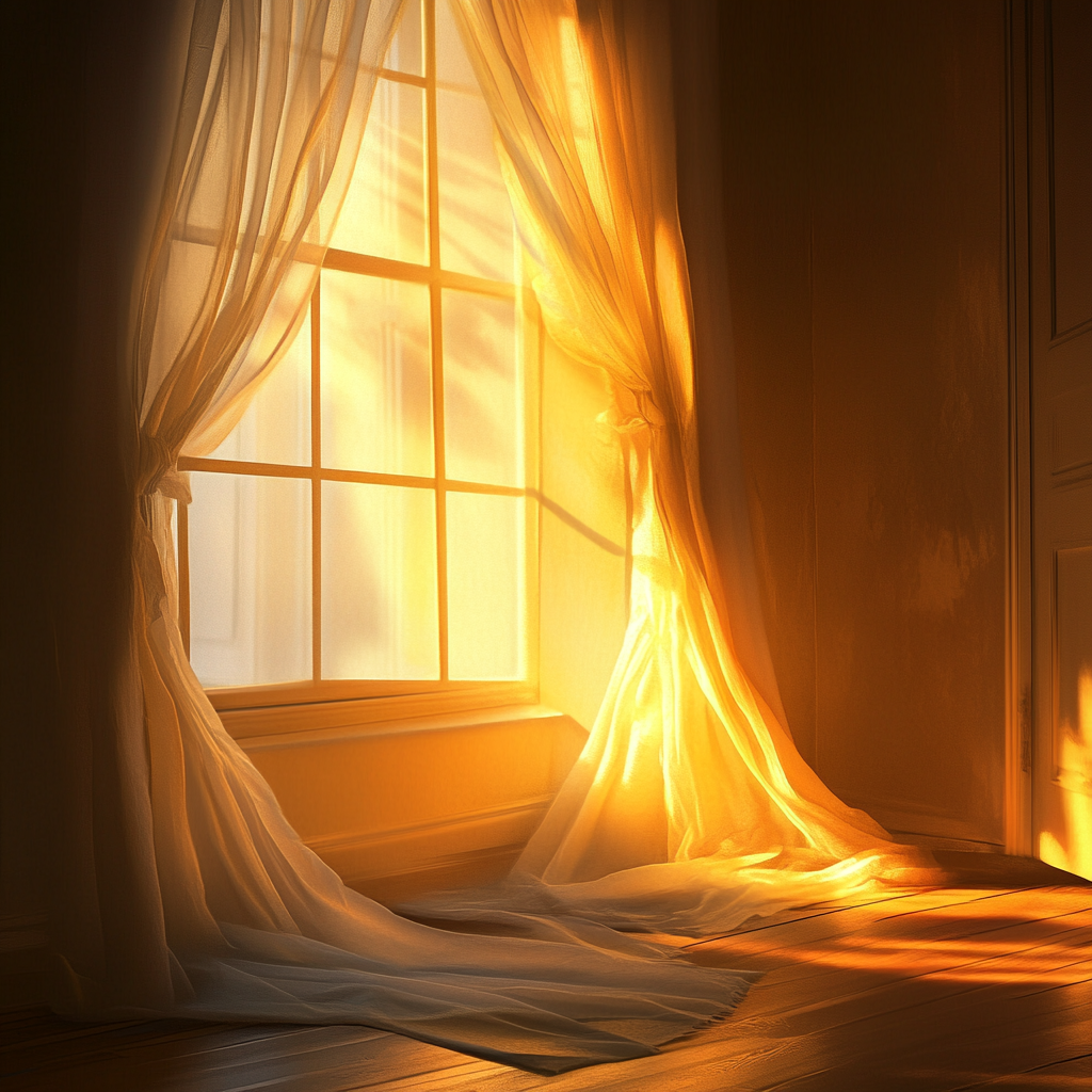 Soft sunlight illuminates room, curtains, brings tranquility.