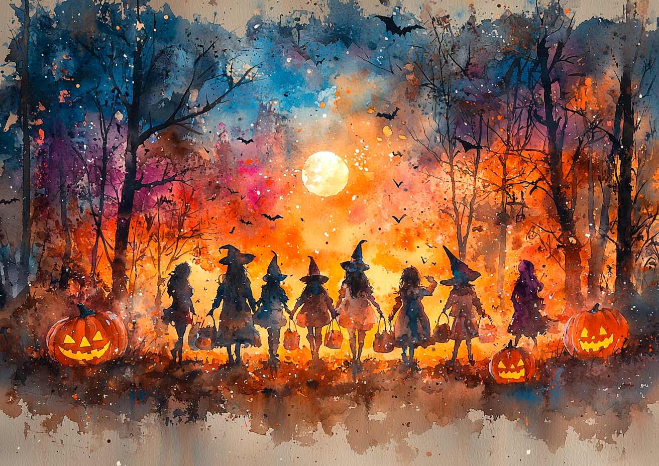 Soft watercolor Halloween night scene with mysterious costumes.