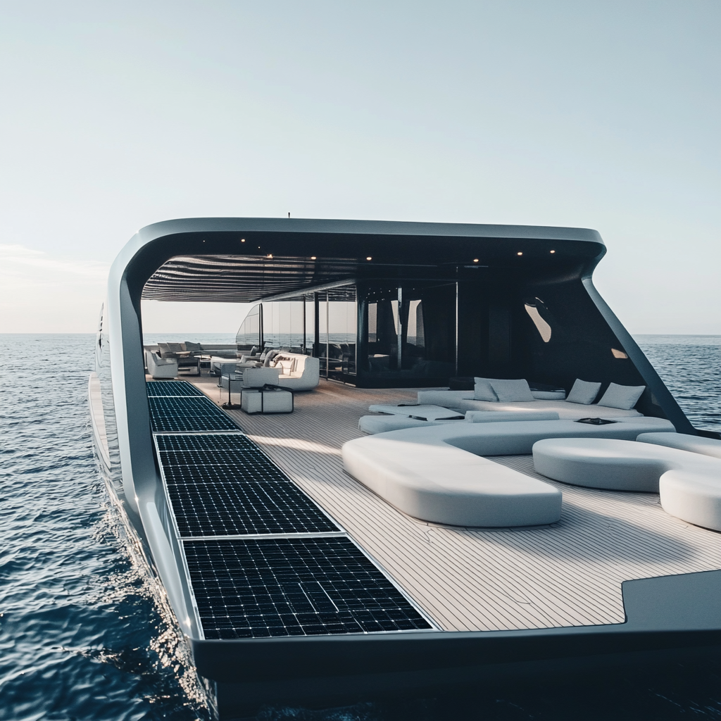 Solar panels on a yacht for energy.