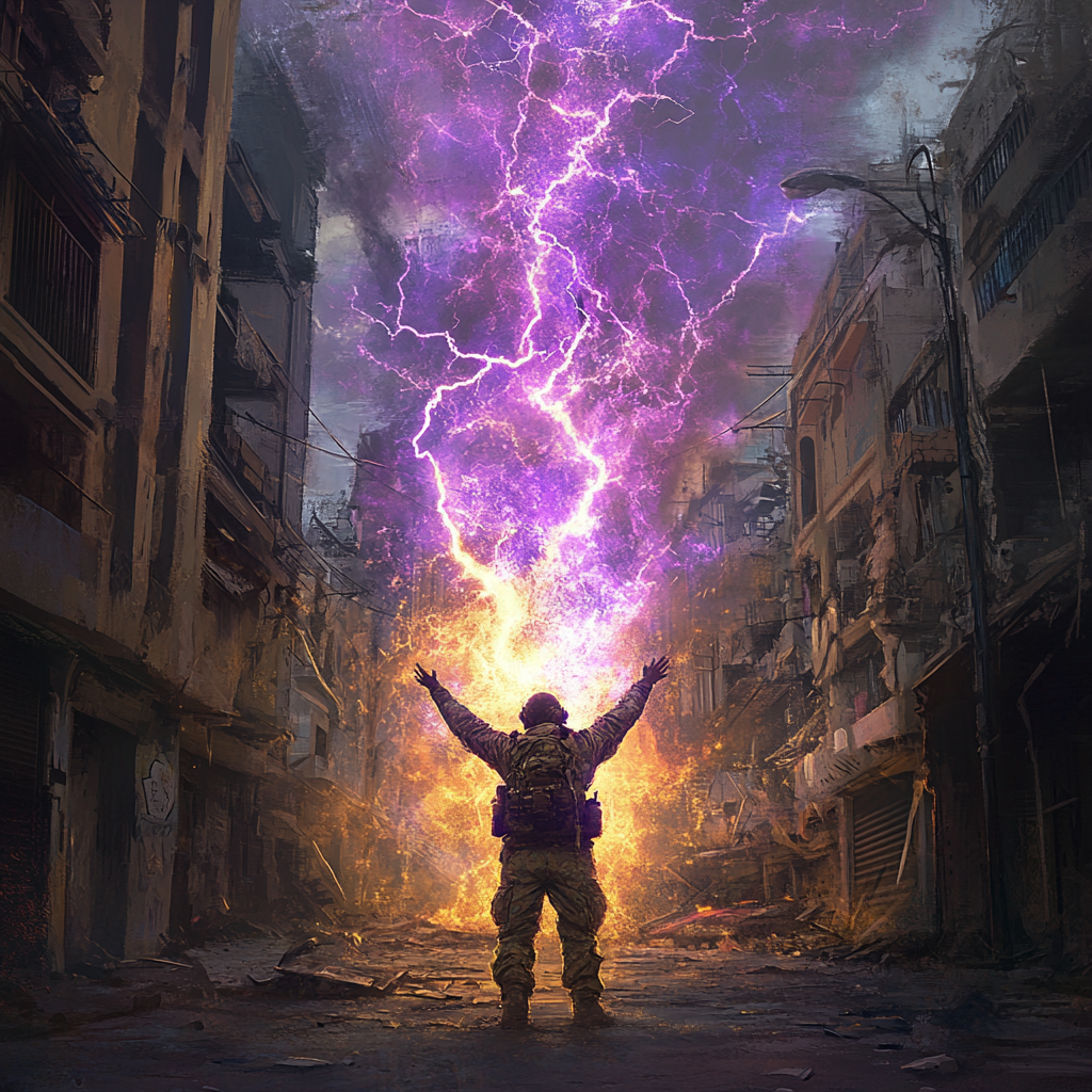 Soldier Summoning Lightning in Abandoned City