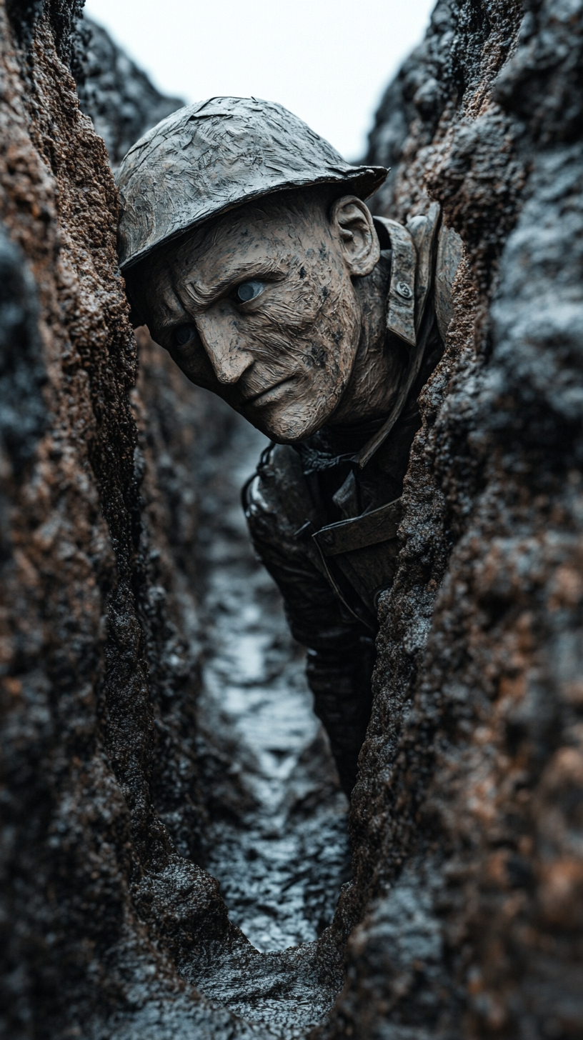 Soldier in WWI trench with elaborate papier-mâché dummy head.