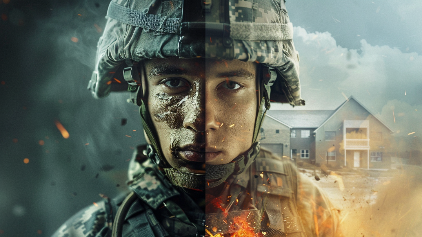 Soldier in battle and at home shown cinematically.