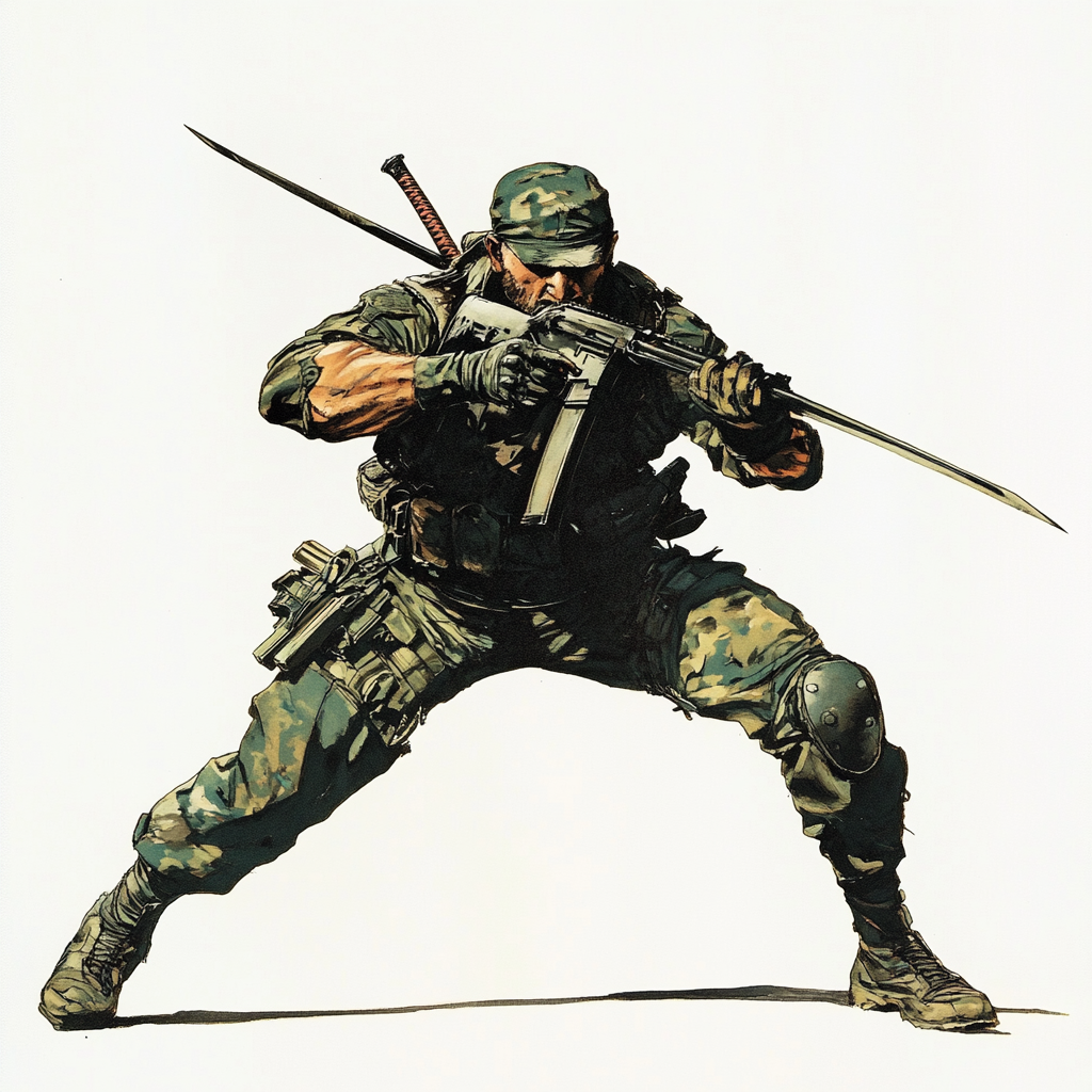 Soldier in combat with katana and rifle