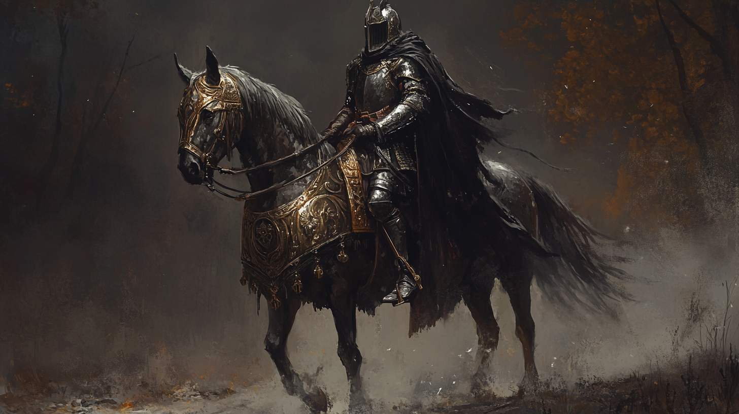 Soldier on horseback with shadow knight uniform and weapon