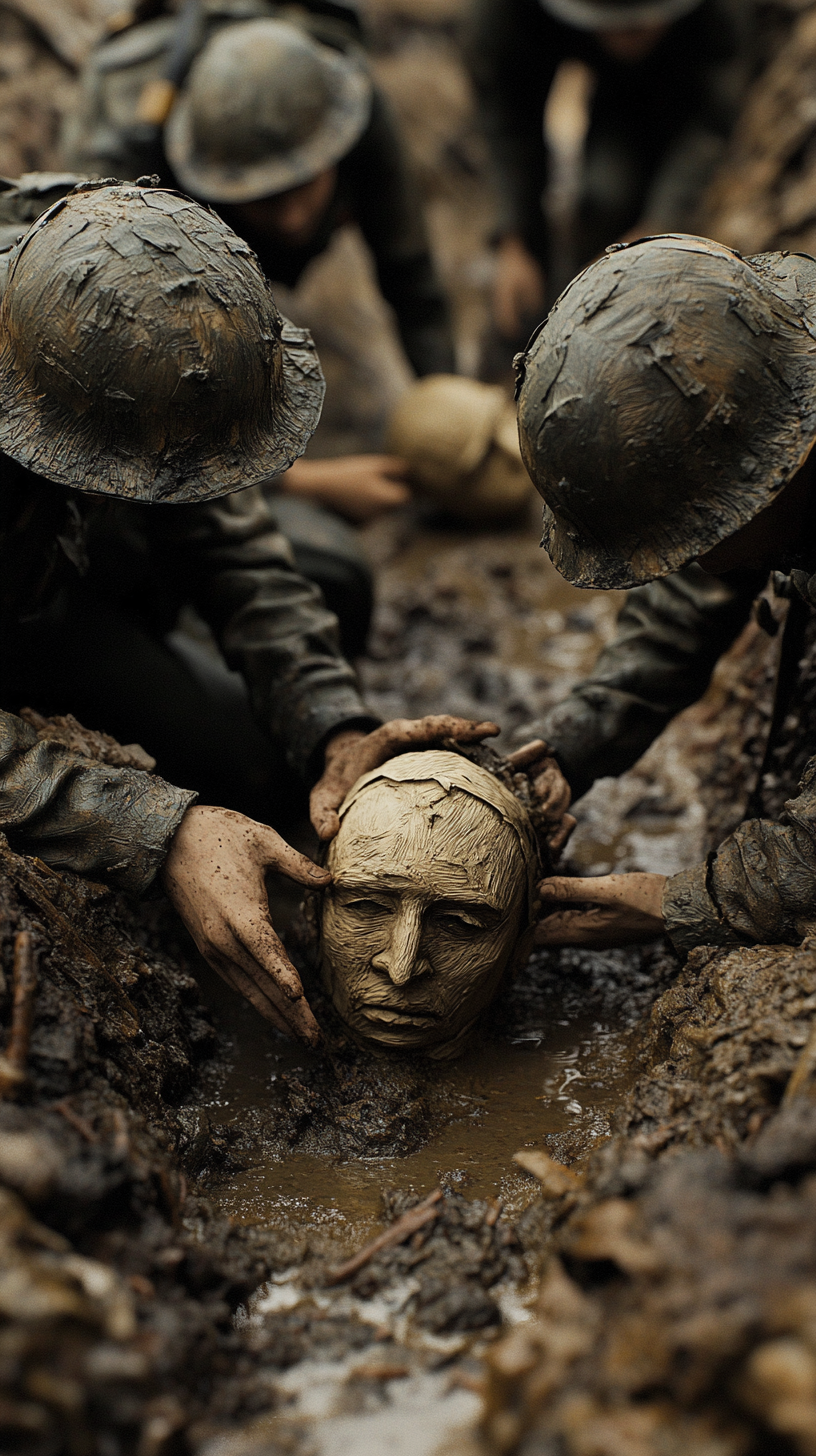 Soldiers discussing strategy with hyper-realistic papier-mâché heads.