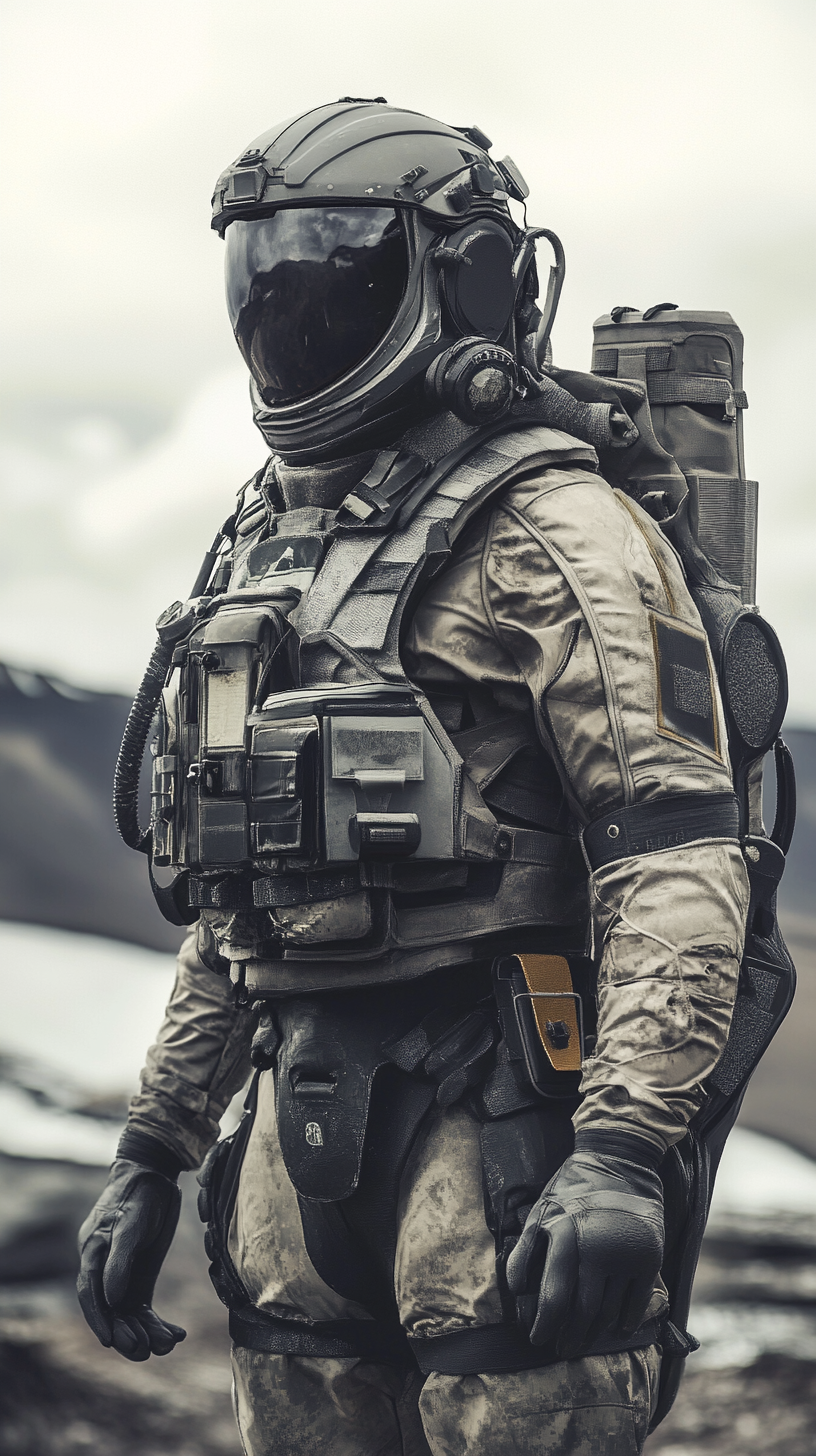 Soldiers in modern armor, realistic photography, cinematic quality.