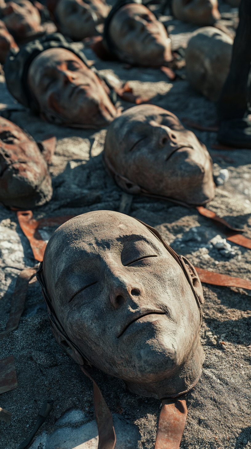 Soldiers preparing dummy heads for deception tactics in WWI.