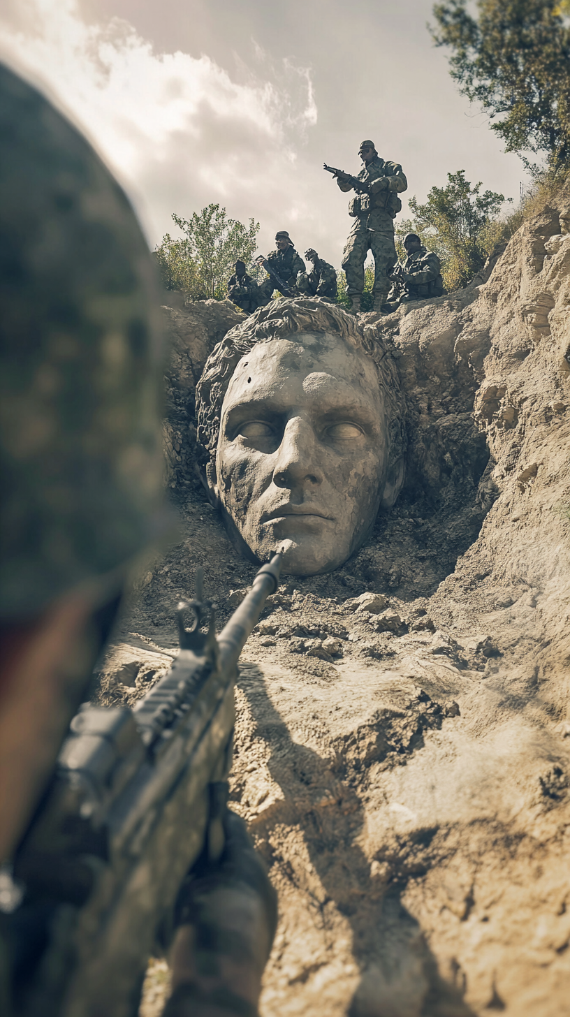 Soldiers react to sniper shooting decoy dummy head.