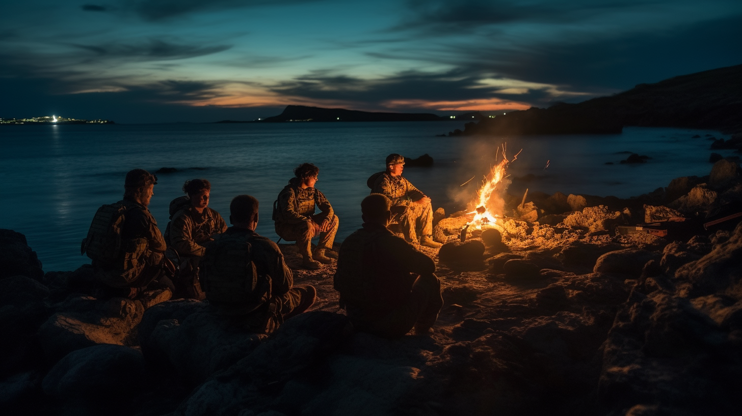 Soldiers relaxing by campfire after successful mission, bonding together.