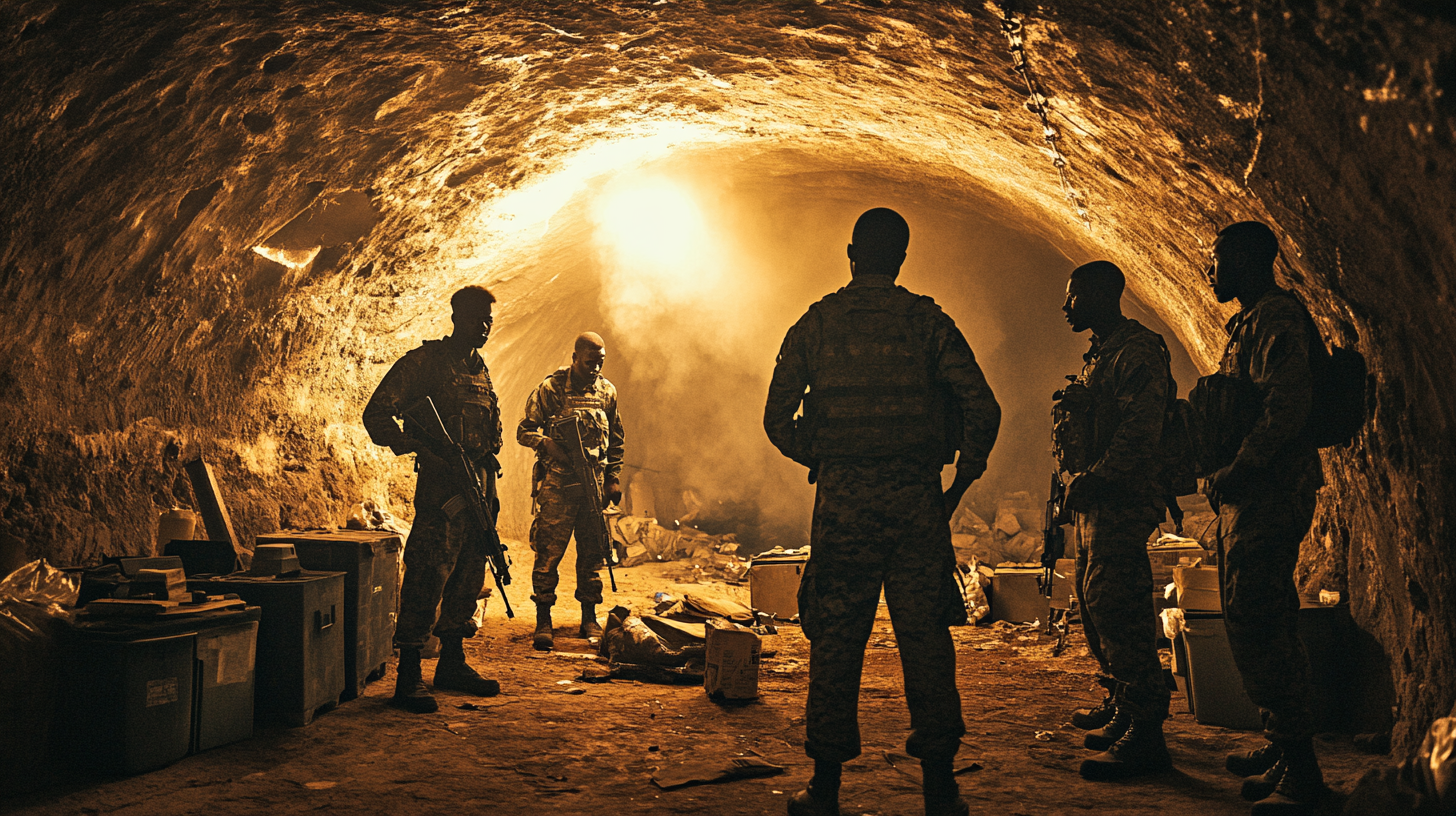 Soldiers training in bunker, dark cinematic style