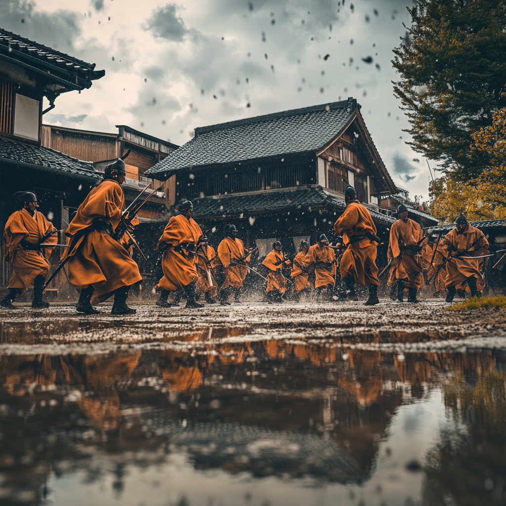 Soldiers training in robes in village, action shot.