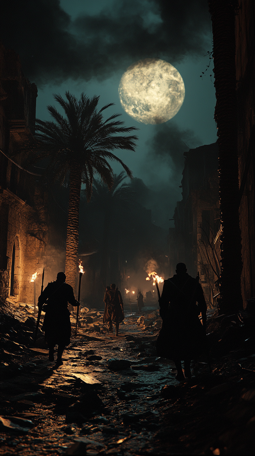 Soldiers with torches in moonlit street, palm tree shadows.