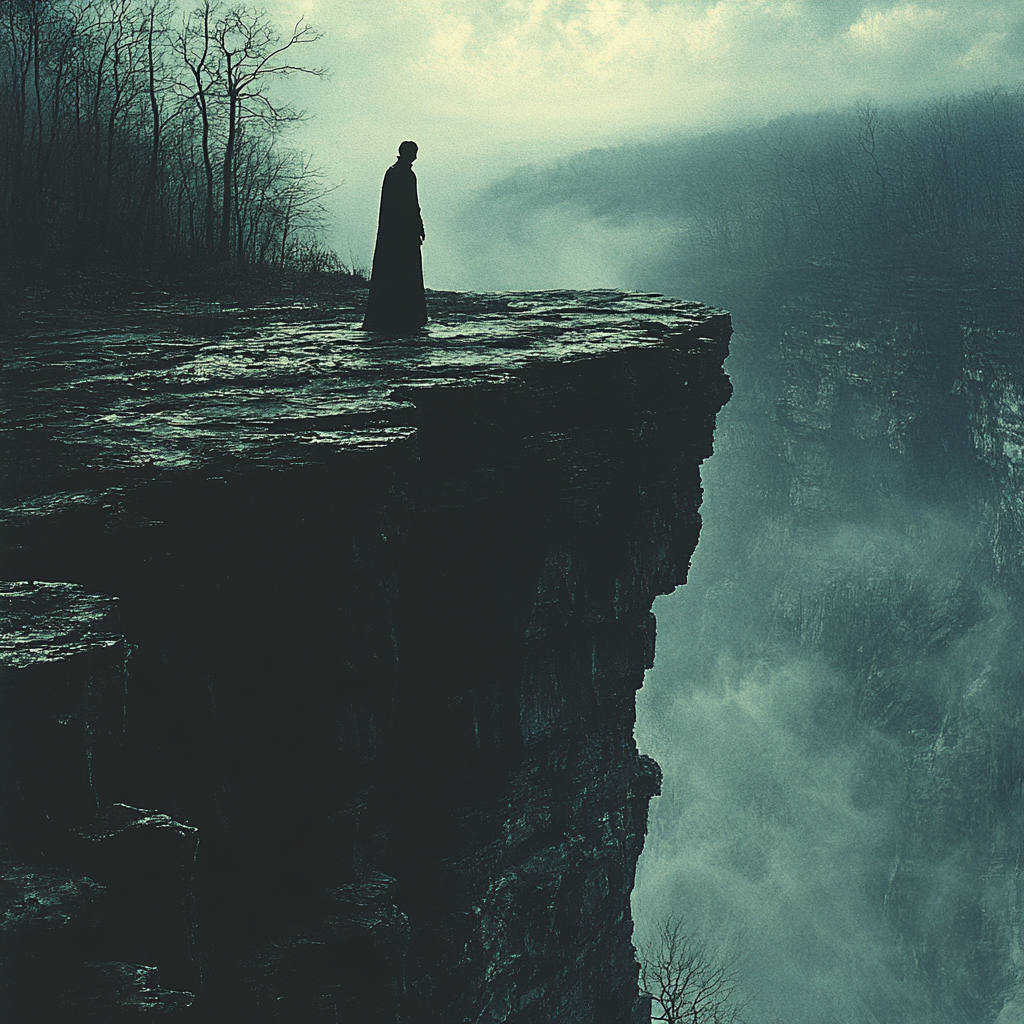 Solemn figure on cliff facing misty abyss.