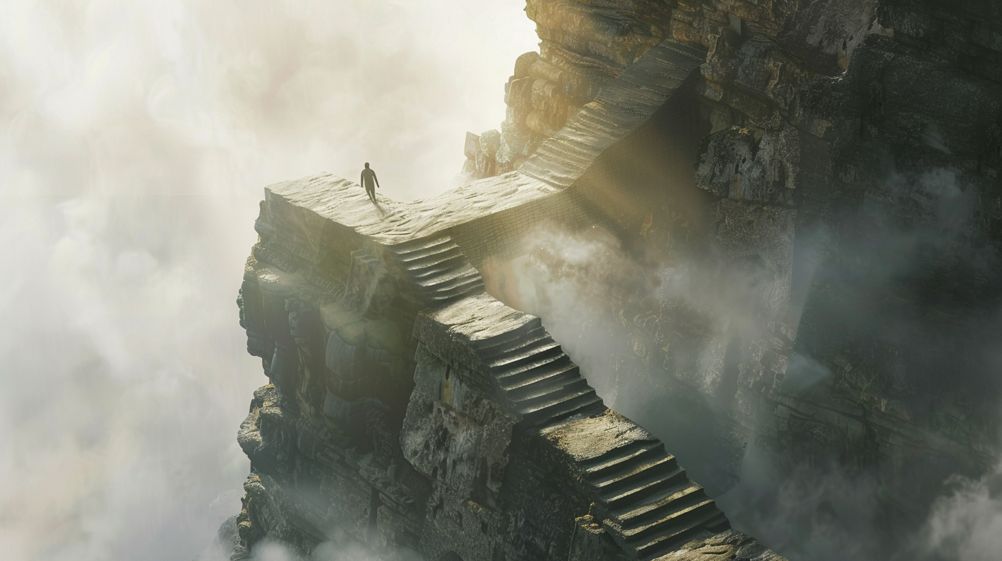 Solitary man ascending endless stone steps on rugged mountain.