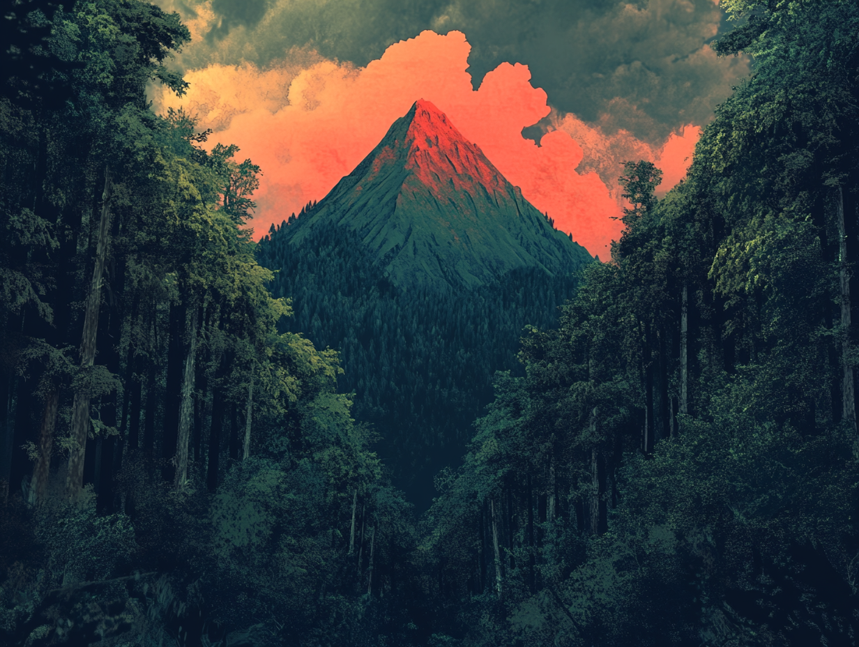 Solitary red mountain in mystical forest setting