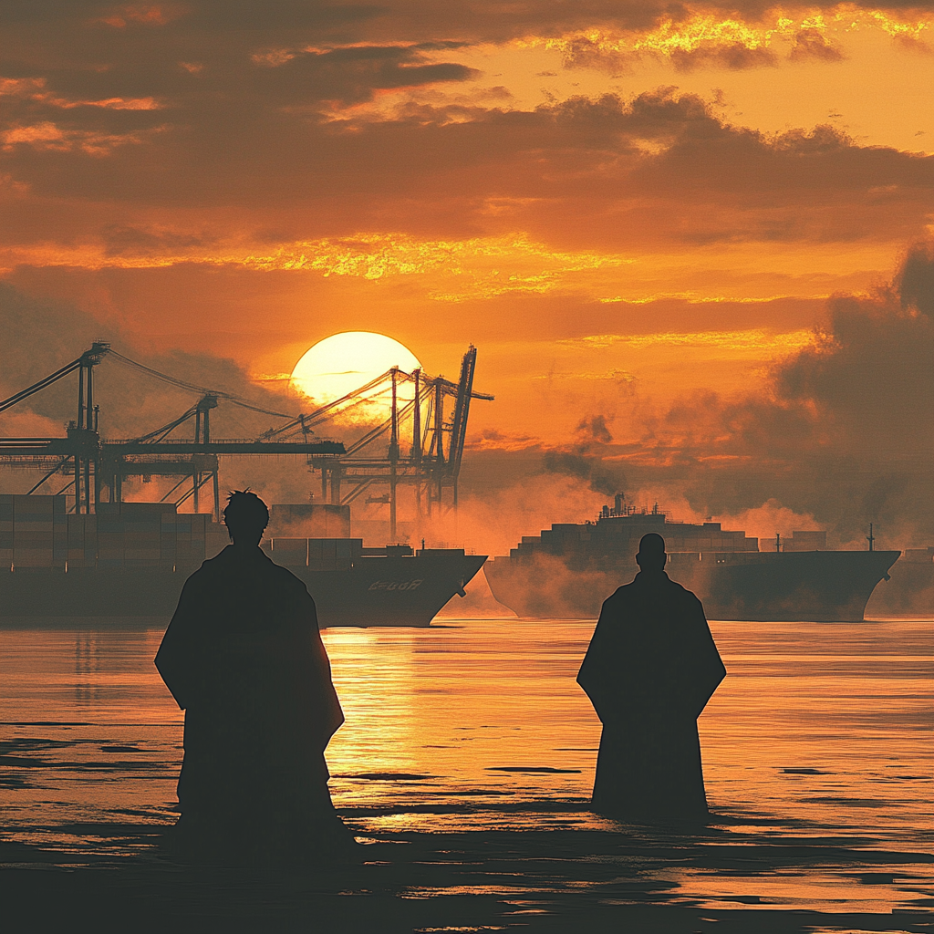 Solitary samurai overlooking bustling port as sun sets.