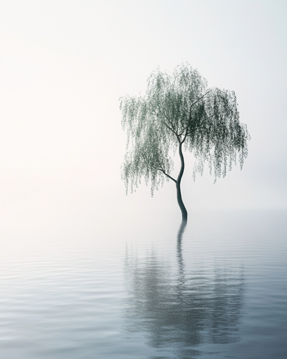 Solitary tree on lake, sun flares, high-res film effect.