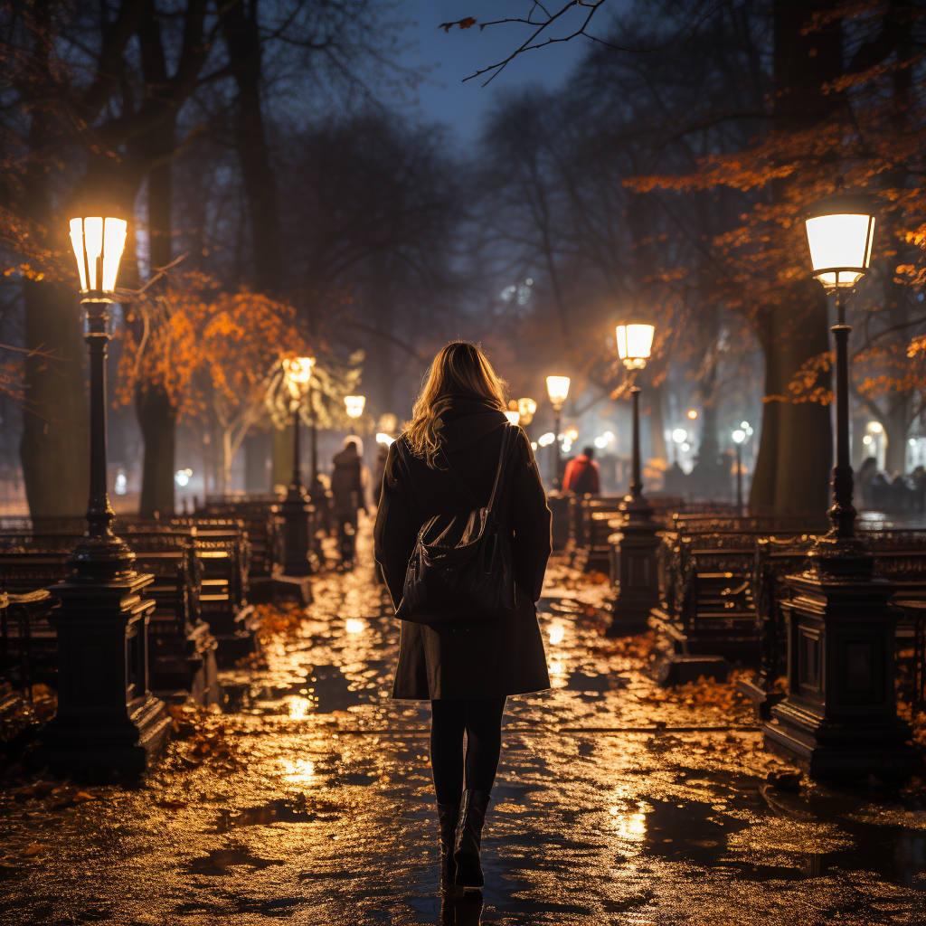 Solitary woman in park at night under lights.