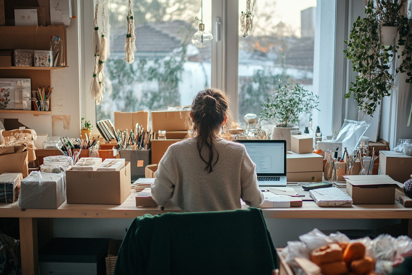 Solo entrepreneur in cozy, organized home workspace.